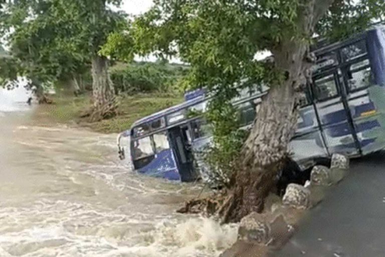 दमोह में बड़ा हादसा टला, उफनते नाले को पार करते वक्त पुलिया से नीचे लटकी बस