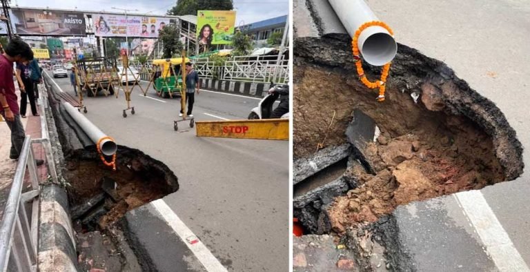 भोपाल में सड़क हादसा टला, एमपी नगर चौराहे पर अचानक धंसी जमीन