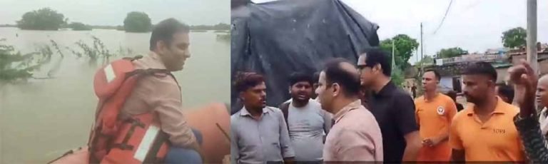 लगातार बारिश से बाढ़ जैसे हालात, कलेक्टर ने नाव से किया मदनपुरा का निरीक्षण