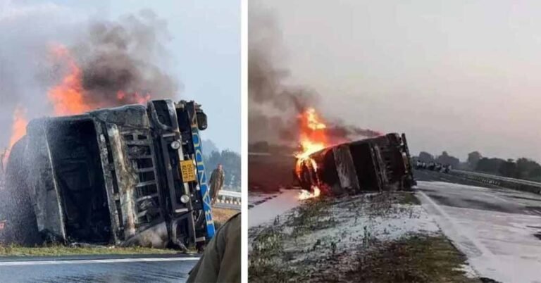 हाईवे पर आफत: मथुरा में केमिकल टैंकर पलटते ही लगी भीषण आग, कई किलोमीटर तक दिखीं लपटें