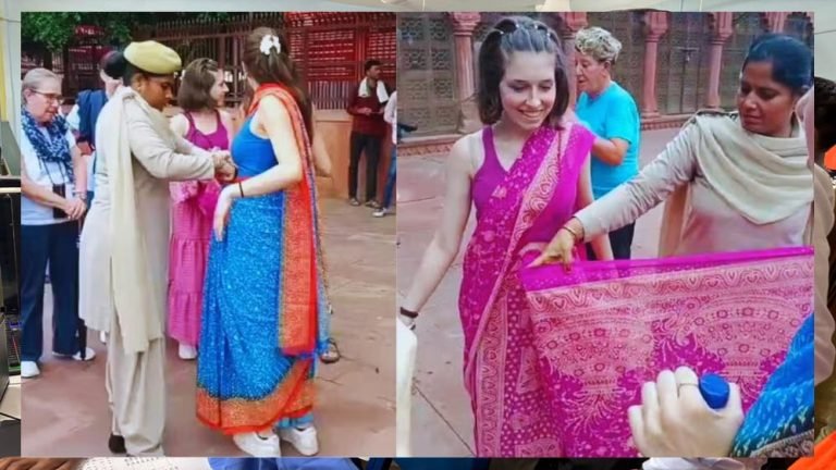 संस्कृति की मिसाल बनी यूपी पुलिस की सिपाही, इटली की महिलाओं को पहनाई साड़ी