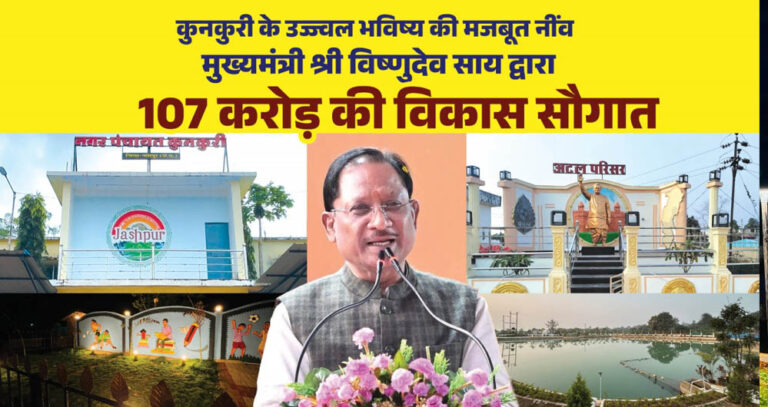 रायपुर से बड़ी घोषणा: मुख्यमंत्री विष्णुदेव साय ने कुनकुरी नगर को ₹107.32 करोड़ की विकास सौगात दी
