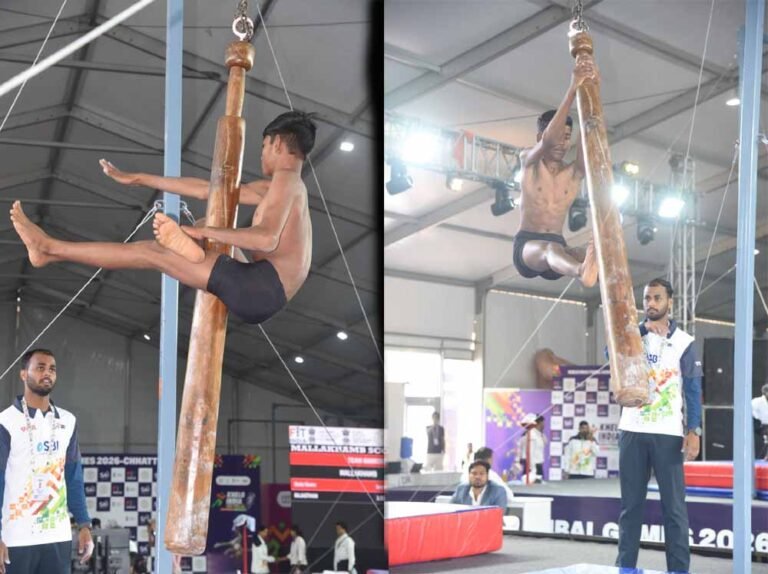 गांधी स्टेडियम अंबिकापुर में मल्लखंभ का भव्य शुभारंभ, खेलो इंडिया ट्राइबल गेम्स 2026 में पारंपरिक खेलों का दमदार प्रदर्शन