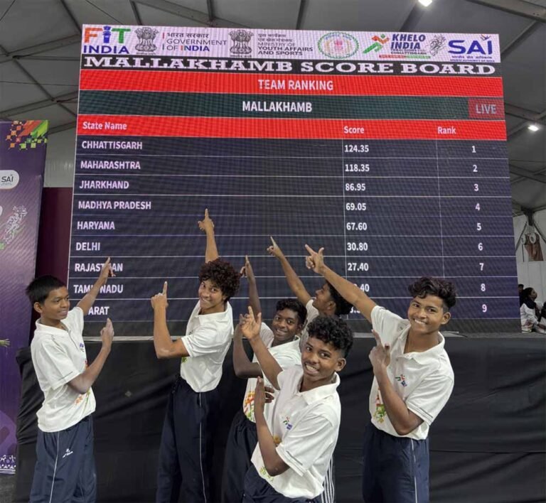 मल्लखंभ प्रतियोगिता के प्रथम दिन छत्तीसगढ़ की पुरूष टीम 124.35 अंक के साथ रही विजेता