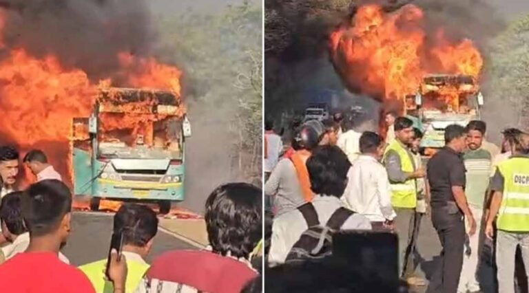 रीवा से सूरत जा रही बस में आग, इंदौर-भोपाल हाईवे पर मची अफरा-तफरी