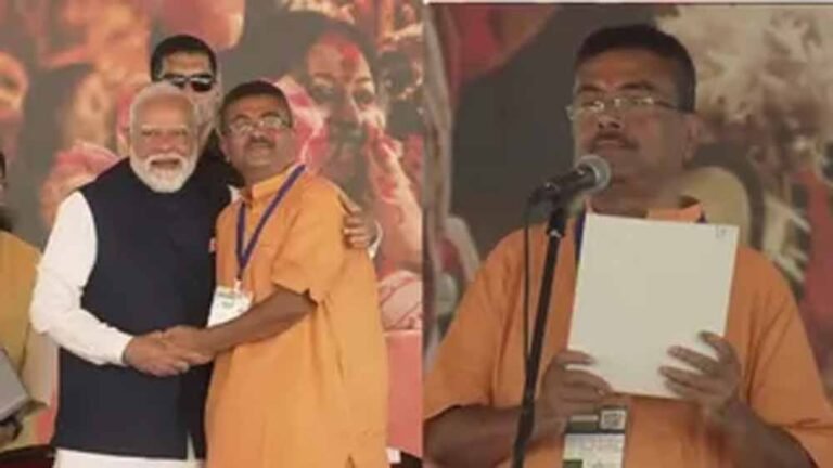 ब्रिगेड ग्राउंड में ऐतिहासिक शपथ समारोह, दुर्गा छवि और गेरुआ प्रतीकों से सजा मंच