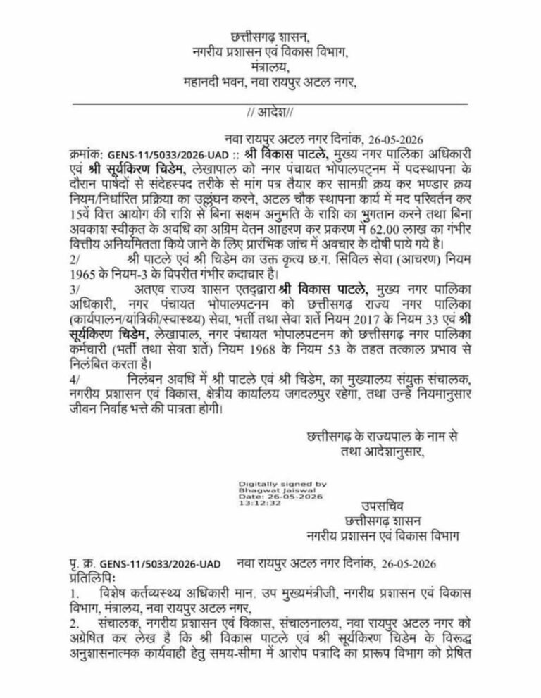62 लाख की वित्तीय गड़बड़ी पर बड़ी कार्रवाई, बीजापुर के CMO समेत दो अधिकारी निलंबित