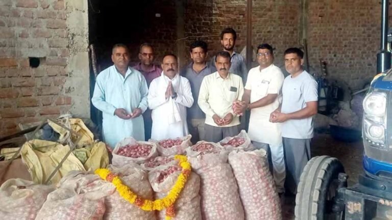 प्याज के गिरते दामों से नाराज किसान, बोरियों को दी श्रद्धांजलि