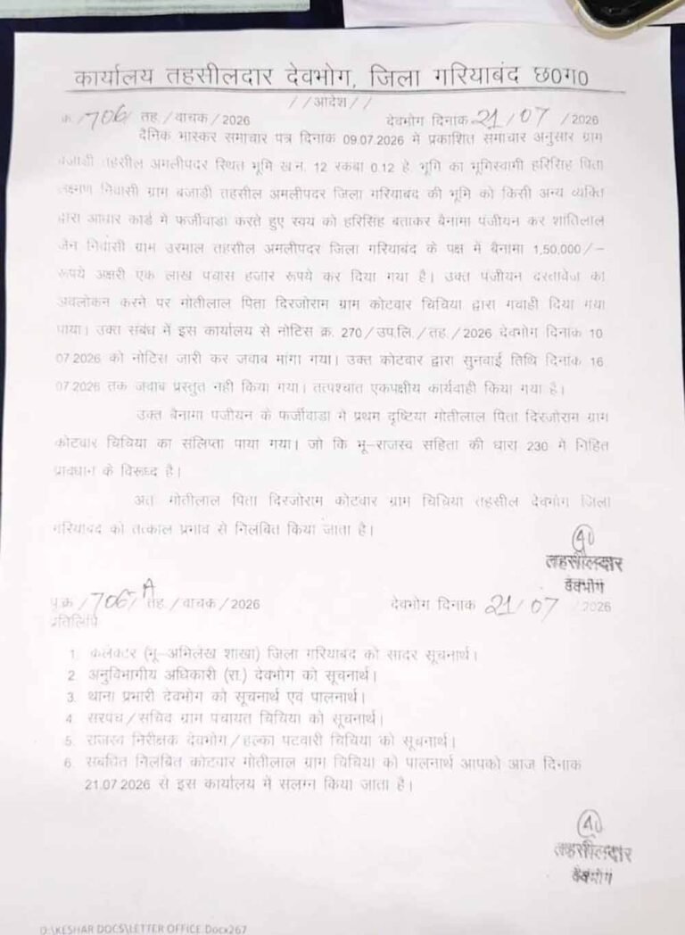 छत्तीसगढ़ में फर्जी रजिस्ट्री पर बड़ी कार्रवाई, कोटवार सस्पेंड, पटवारी जांच के घेरे में