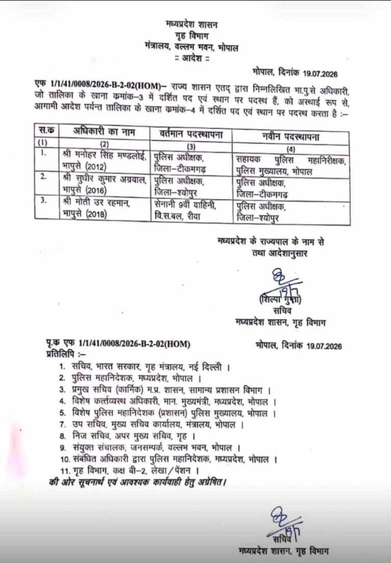 मध्य प्रदेश में पुलिस महकमे में बड़ा फेरबदल, तीन IPS अधिकारियों का ट्रांसफर, दो जिलों में नए SP तैनात