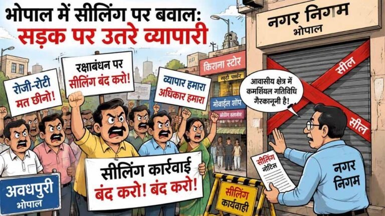 सीलिंग के विरोध में भोपाल के व्यापारियों का प्रदर्शन, सड़क पर उतरे दुकानदार